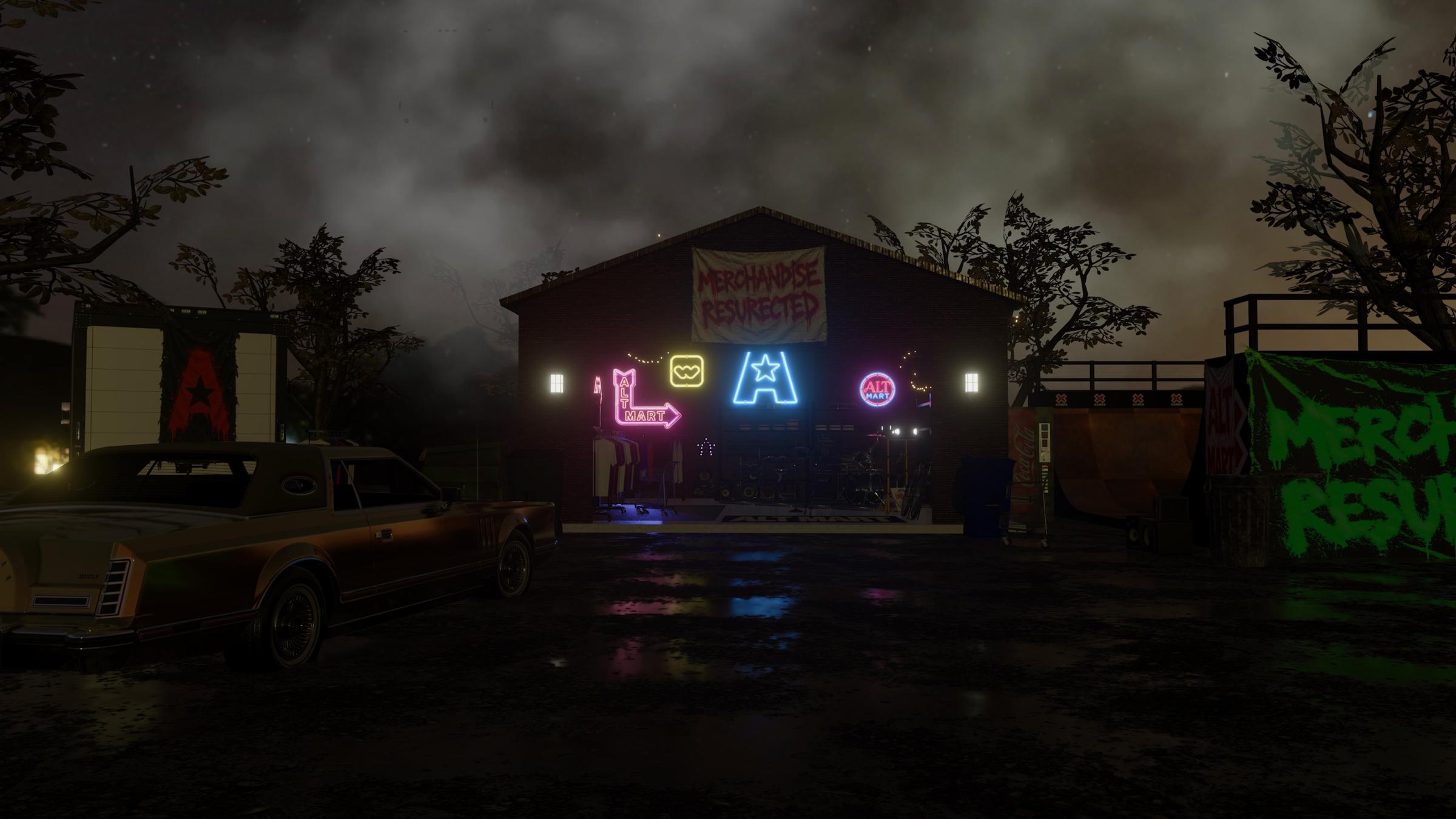The Alt Mart store at night, neon signs lit in the doorway and a Merchandise Resurrected banner on the roof